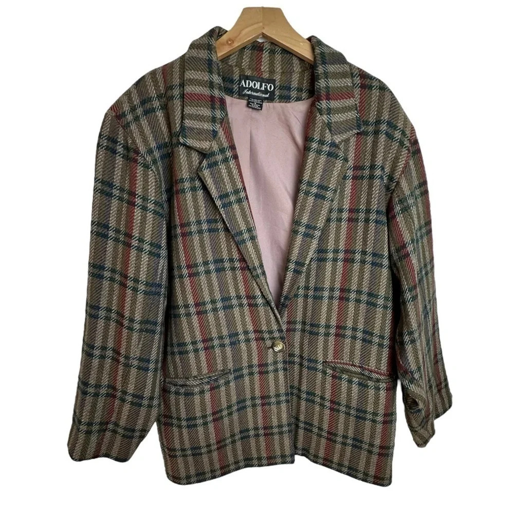 Adolfo‎ International Blazer 12 Brown Green Plaid Wool Blend Single Button VTG